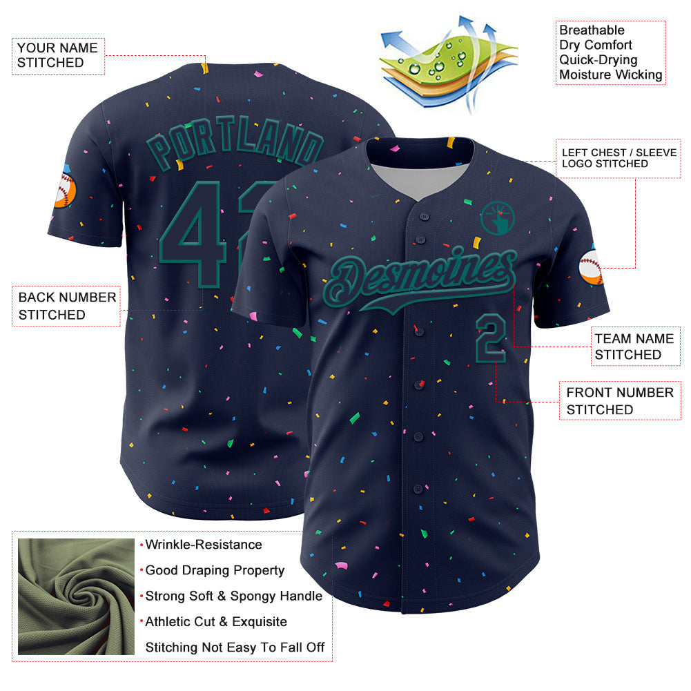 Custom Navy Teal 3D Pattern Design Confetti Colorful Speckle Authentic Baseball Jersey baseball jersey product view 3