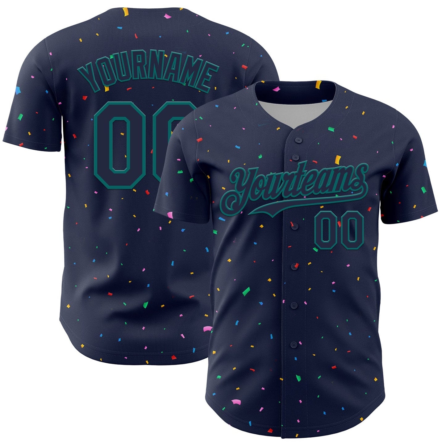 Custom Navy Teal 3D Pattern Design Confetti Colorful Speckle Authentic Baseball Jersey baseball jersey product view 1