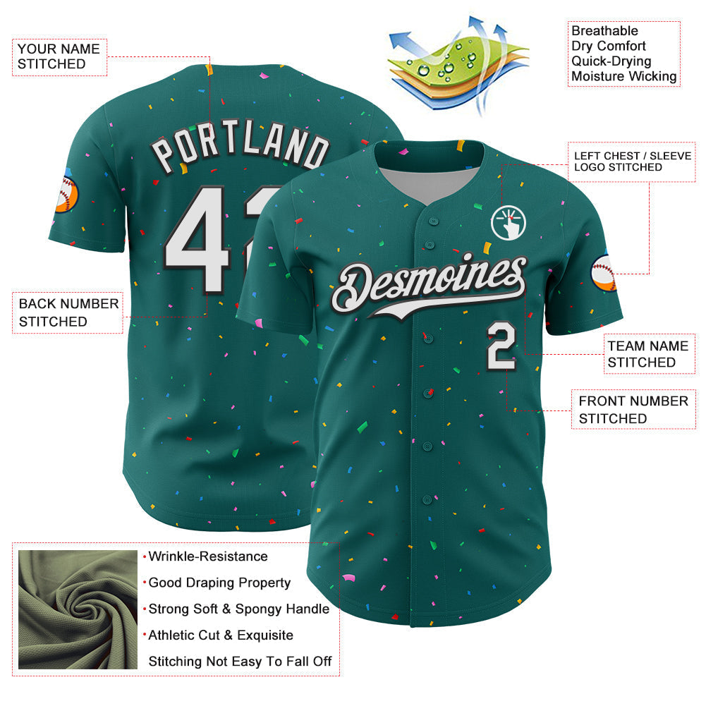 Custom Teal White-Black 3D Pattern Design Confetti Colorful Speckle Authentic Baseball Jersey baseball jersey product view 3