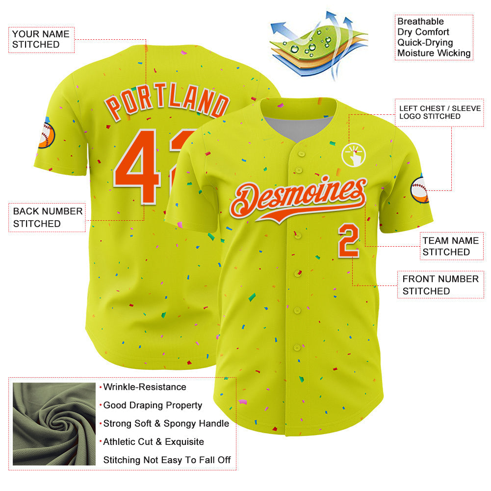 Custom Neon Yellow White-Black 3D Pattern Design Confetti Colorful Speckle Authentic Baseball Jersey baseball jersey product view 3