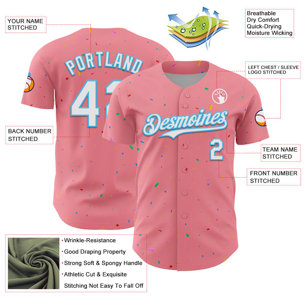 Custom Medium Pink White-Sky Blue 3D Pattern Design Confetti Colorful Speckle Authentic Baseball Jersey baseball jersey product view 3