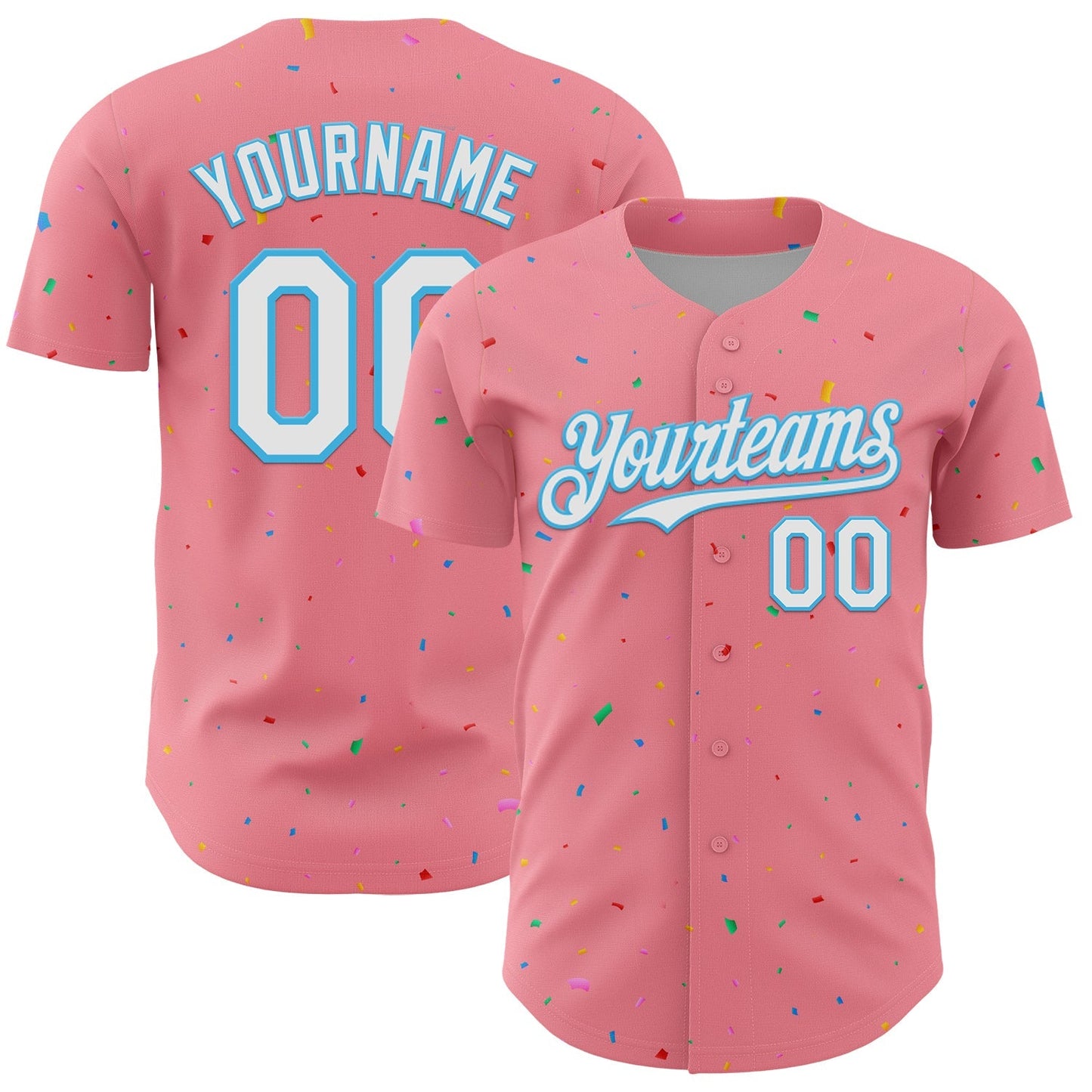 Custom Medium Pink White-Sky Blue 3D Pattern Design Confetti Colorful Speckle Authentic Baseball Jersey baseball jersey product view 1