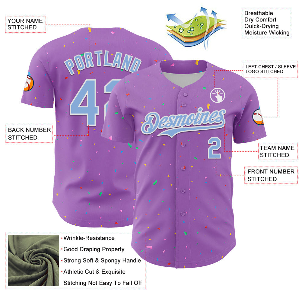 Custom Medium Purple Light Blue-White 3D Pattern Design Confetti Colorful Speckle Authentic Baseball Jersey baseball jersey product view 3
