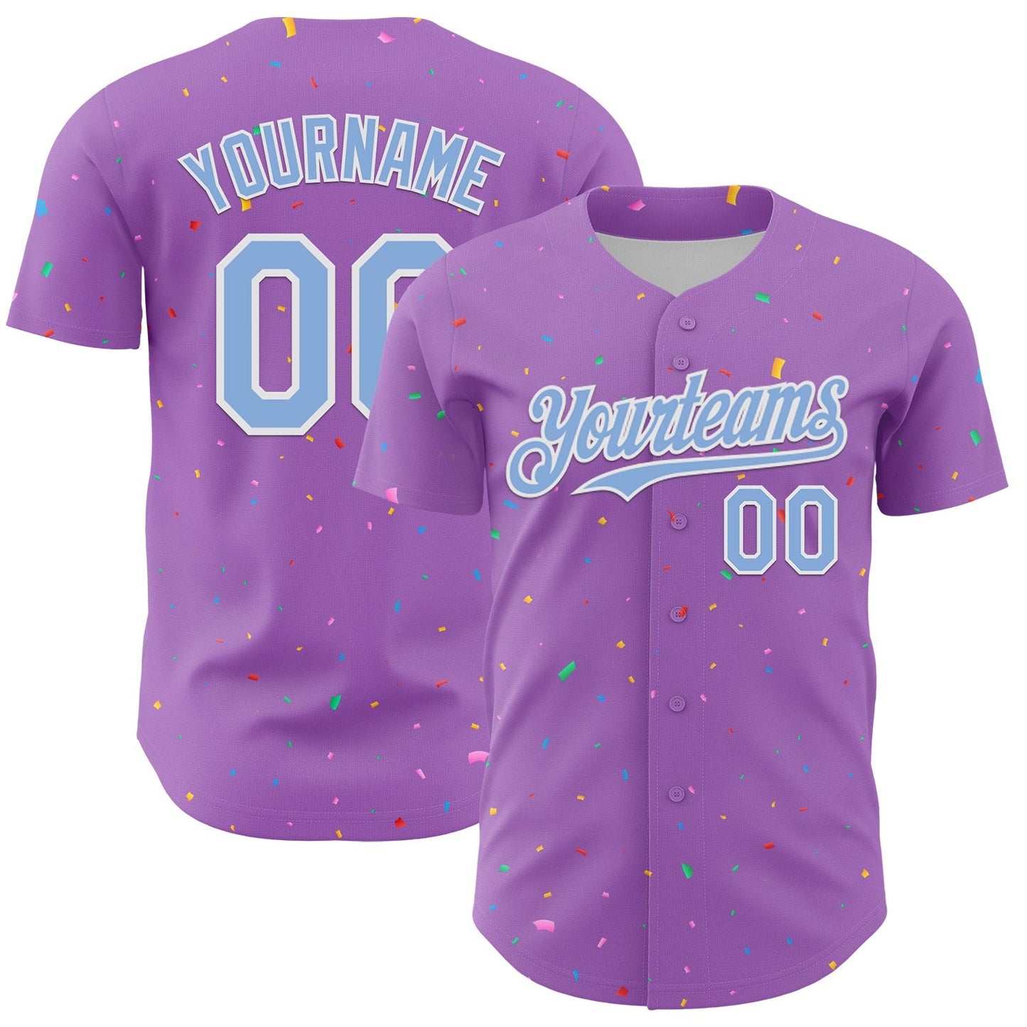 Custom Medium Purple Light Blue-White 3D Pattern Design Confetti Colorful Speckle Authentic Baseball Jersey baseball jersey product view 1