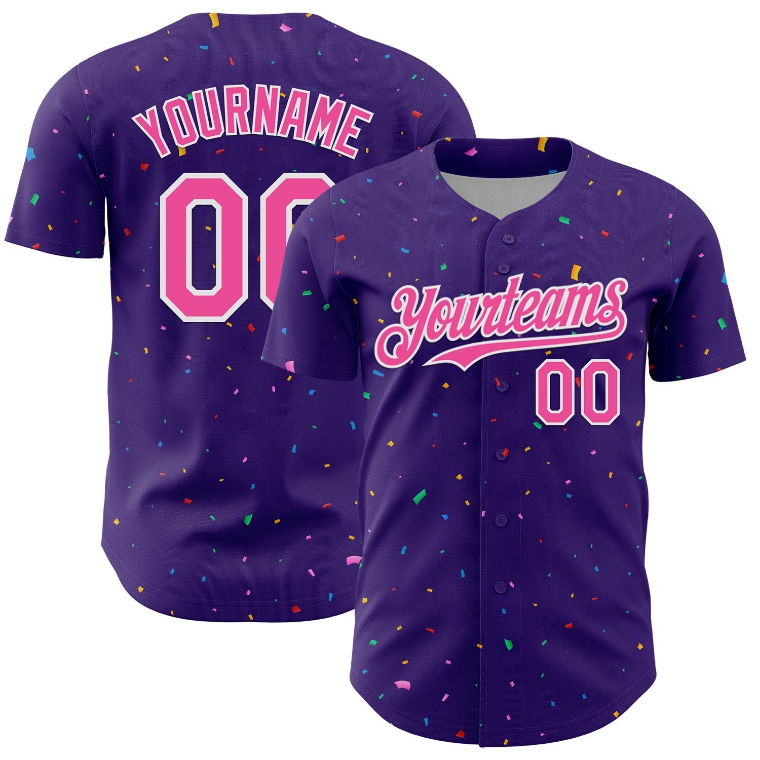 Custom Purple Pink-White 3D Pattern Design Confetti Colorful Speckle Authentic Baseball Jersey baseball jersey product view 1