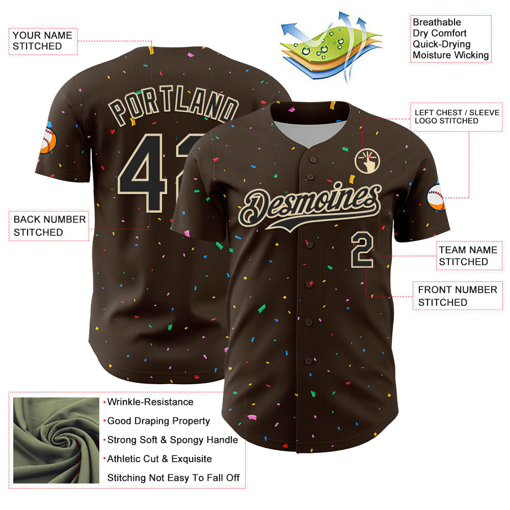 Custom Brown Black-Cream 3D Pattern Design Confetti Colorful Speckle Authentic Baseball Jersey baseball jersey product view 3