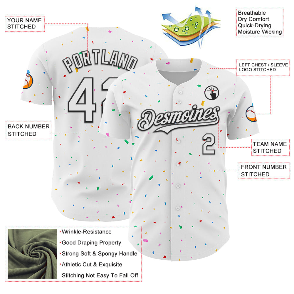 Custom White Black 3D Pattern Design Confetti Colorful Speckle Authentic Baseball Jersey baseball jersey product view 3