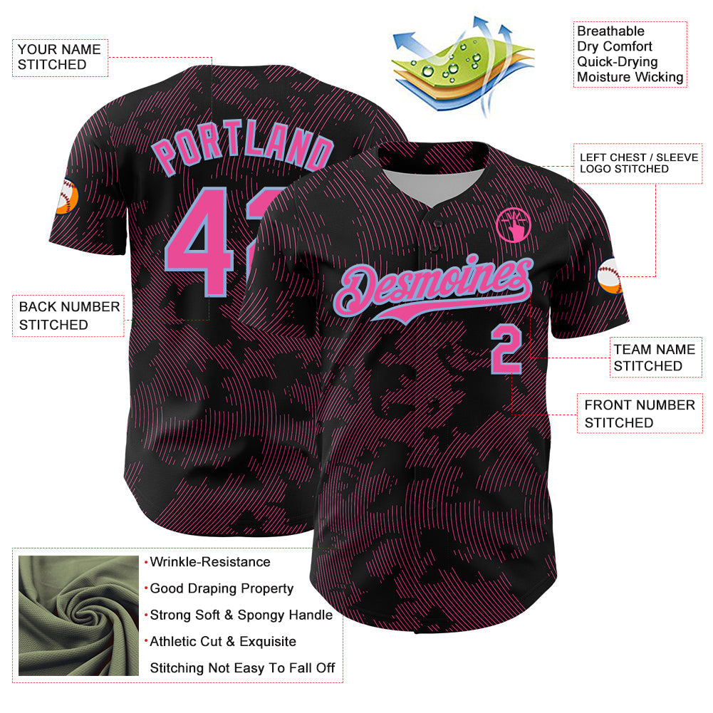 Custom Black Pink-Light Blue Curve Lines Authentic Baseball Jersey baseball jersey product view 3
