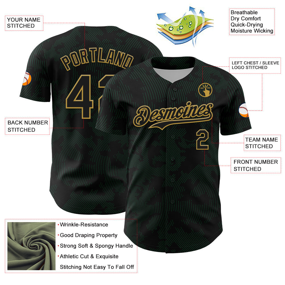 Custom Black Kelly Green-Old Gold Curve Lines Authentic Baseball Jersey baseball jersey product view 3