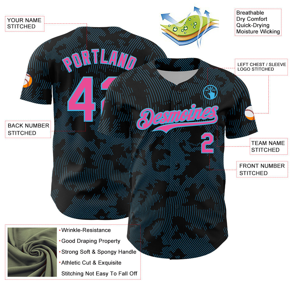 Custom Black Pink-Sky Blue Curve Lines Authentic Baseball Jersey baseball jersey product view 3