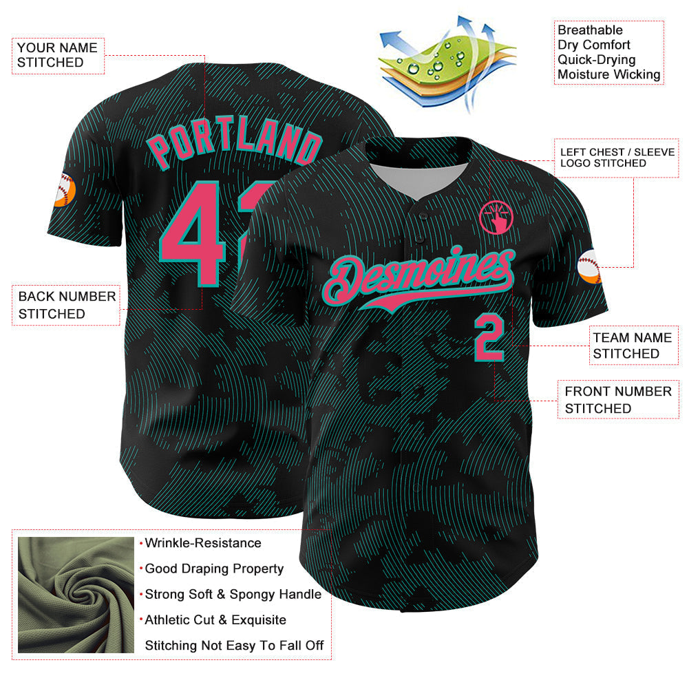 Custom Black Neon Pink-Aqua Curve Lines Authentic Baseball Jersey baseball jersey product view 3
