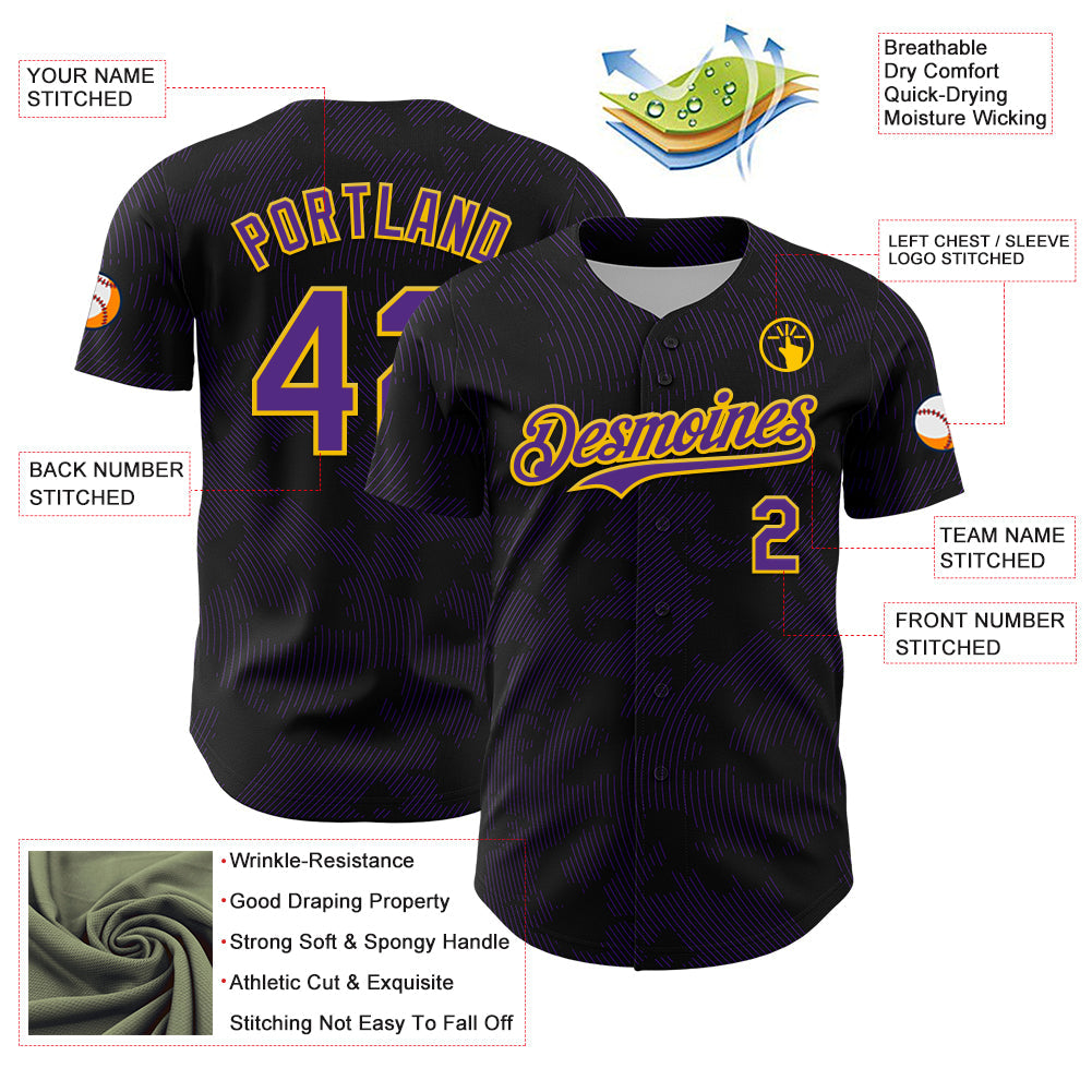 Custom Black Purple-Yellow Curve Lines Authentic Baseball Jersey baseball jersey product view 3