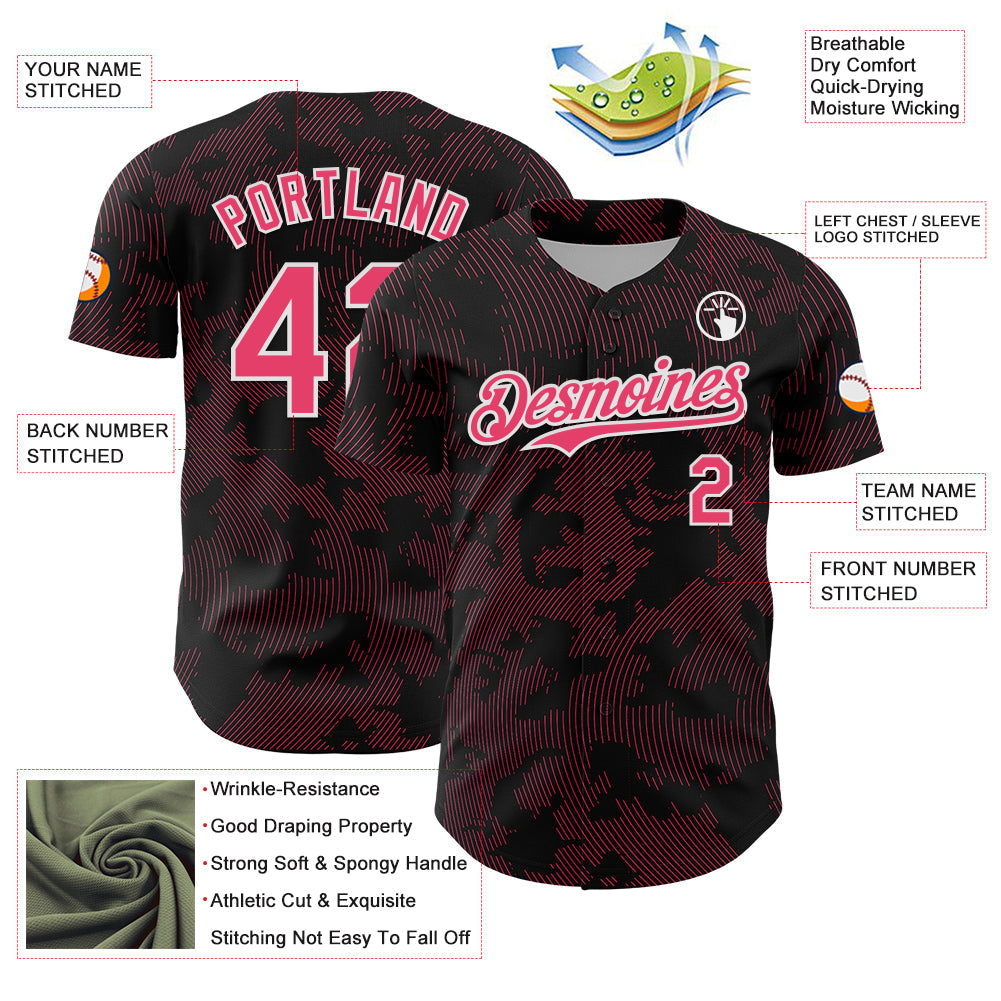 Custom Black Neon Pink-White Curve Lines Authentic Baseball Jersey baseball jersey product view 3