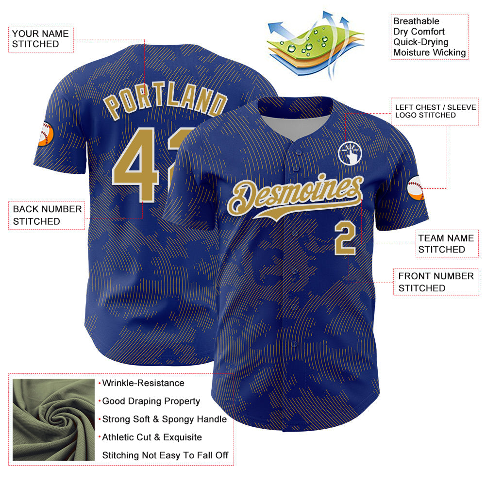 Custom Royal Old Gold-White Curve Lines Authentic Baseball Jersey baseball jersey product view 3