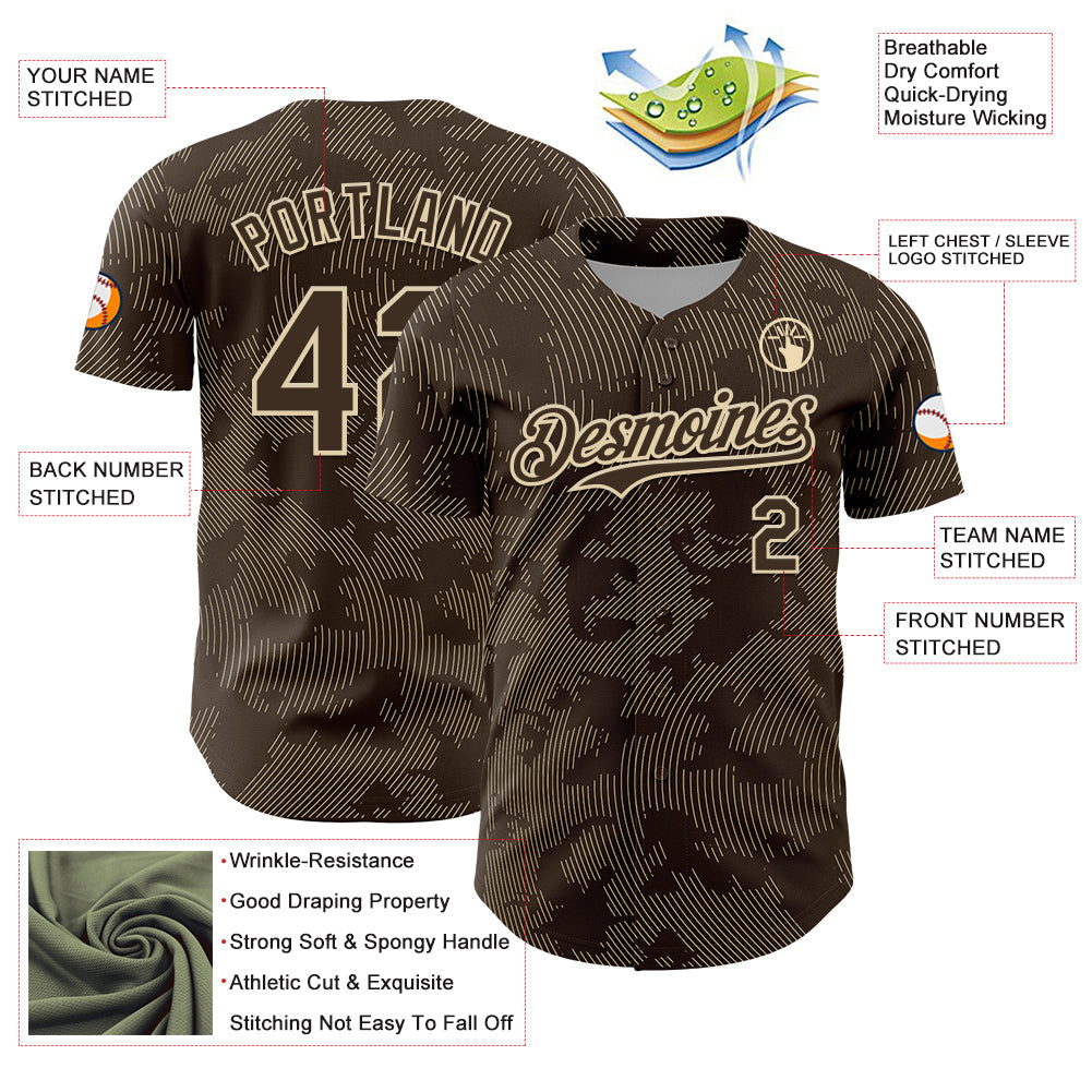 Custom Brown Cream Curve Lines Authentic Baseball Jersey baseball jersey product view 3