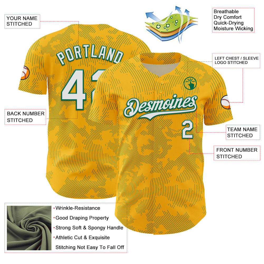 Custom Gold White-Kelly Green Curve Lines Authentic Baseball Jersey baseball jersey product view 3
