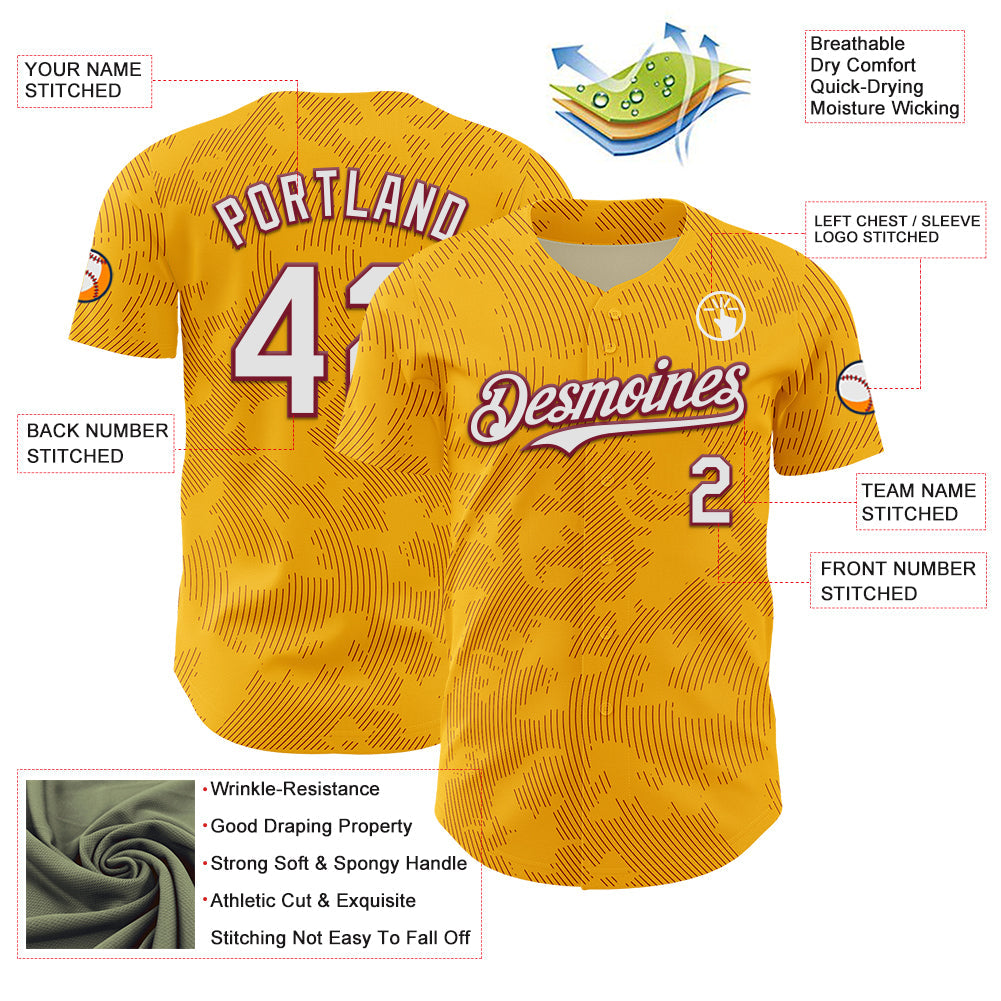 Custom Gold White-Crimson Curve Lines Authentic Baseball Jersey baseball jersey product view 3