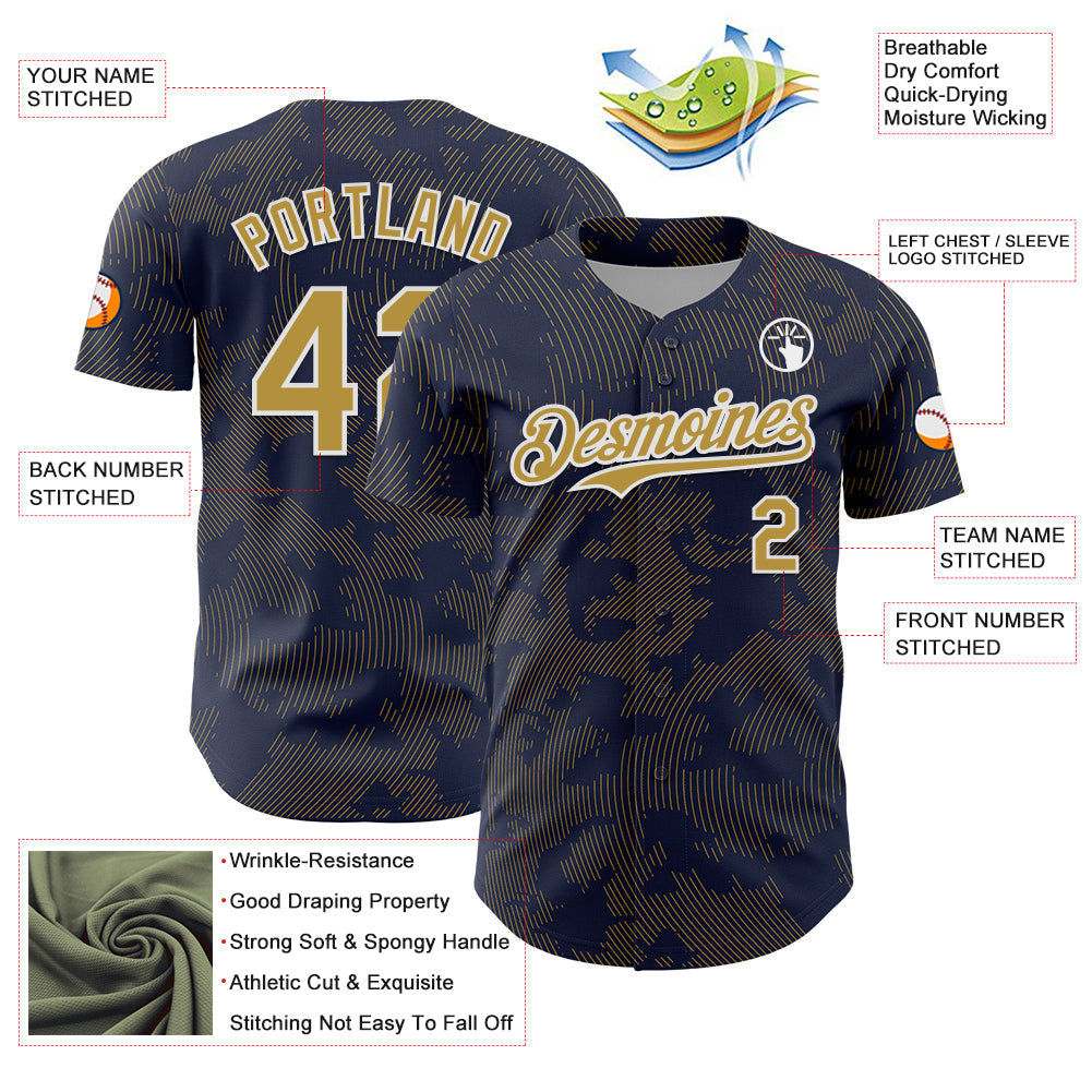 Custom Navy Old Gold-White Curve Lines Authentic Baseball Jersey baseball jersey product view 3