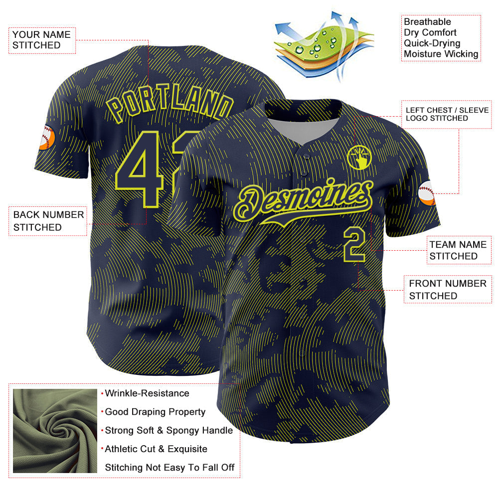 Custom Navy Neon Yellow Curve Lines Authentic Baseball Jersey baseball jersey product view 3