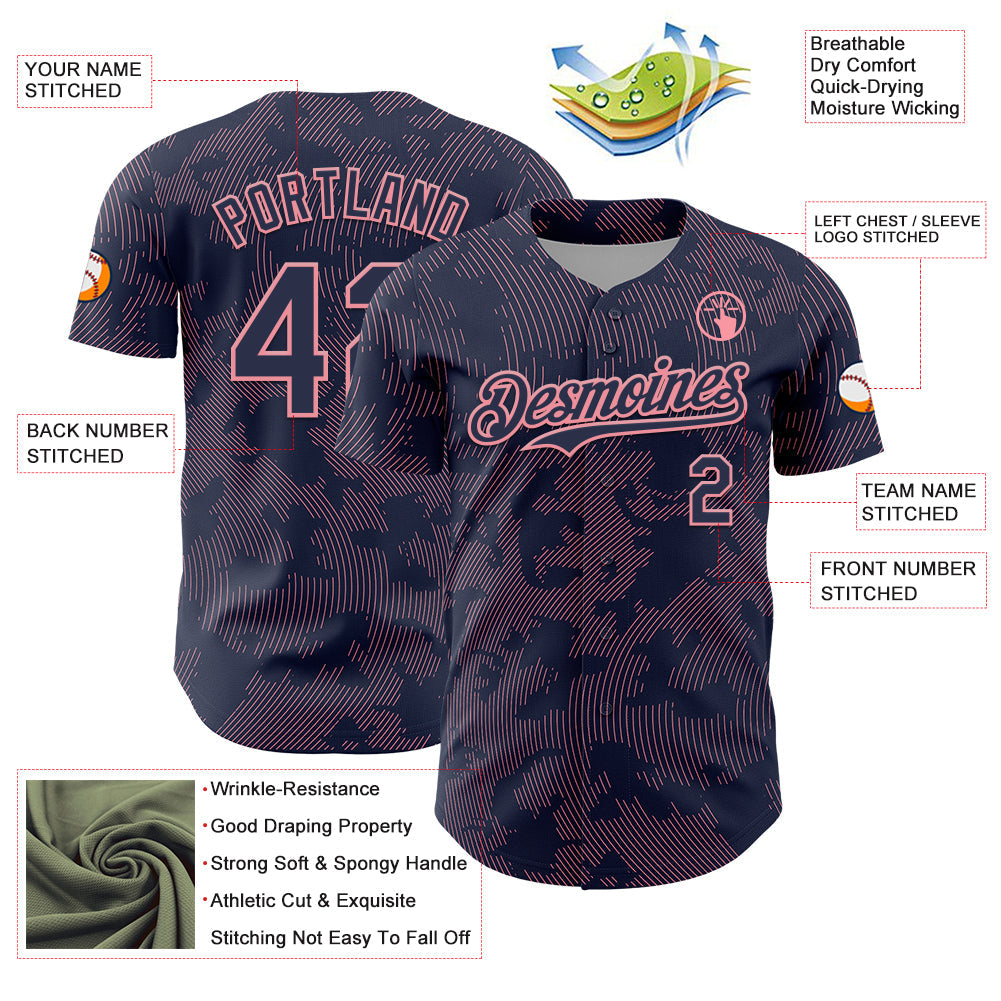 Custom Navy Medium Pink Curve Lines Authentic Baseball Jersey baseball jersey product view 3