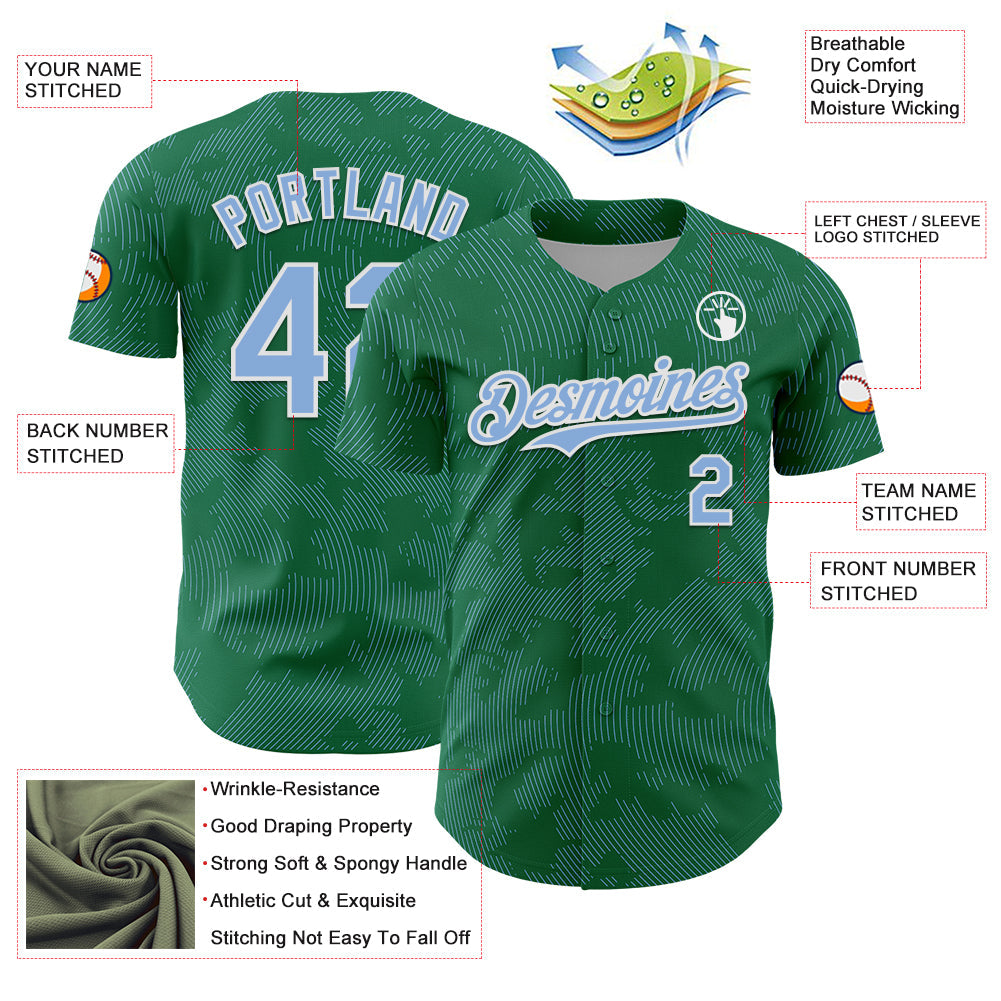 Custom Kelly Green Light Blue-White Curve Lines Authentic Baseball Jersey baseball jersey product view 3