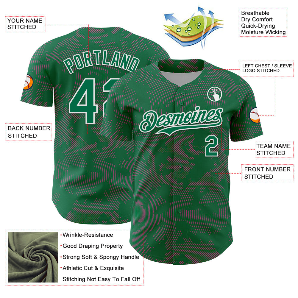 Custom Kelly Green Pink-White Curve Lines Authentic Baseball Jersey baseball jersey product view 3