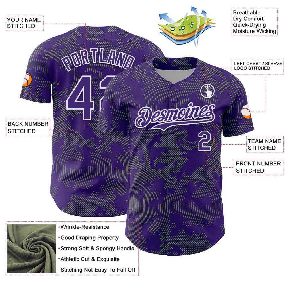 Custom Purple Neon Green-White Curve Lines Authentic Baseball Jersey baseball jersey product view 3