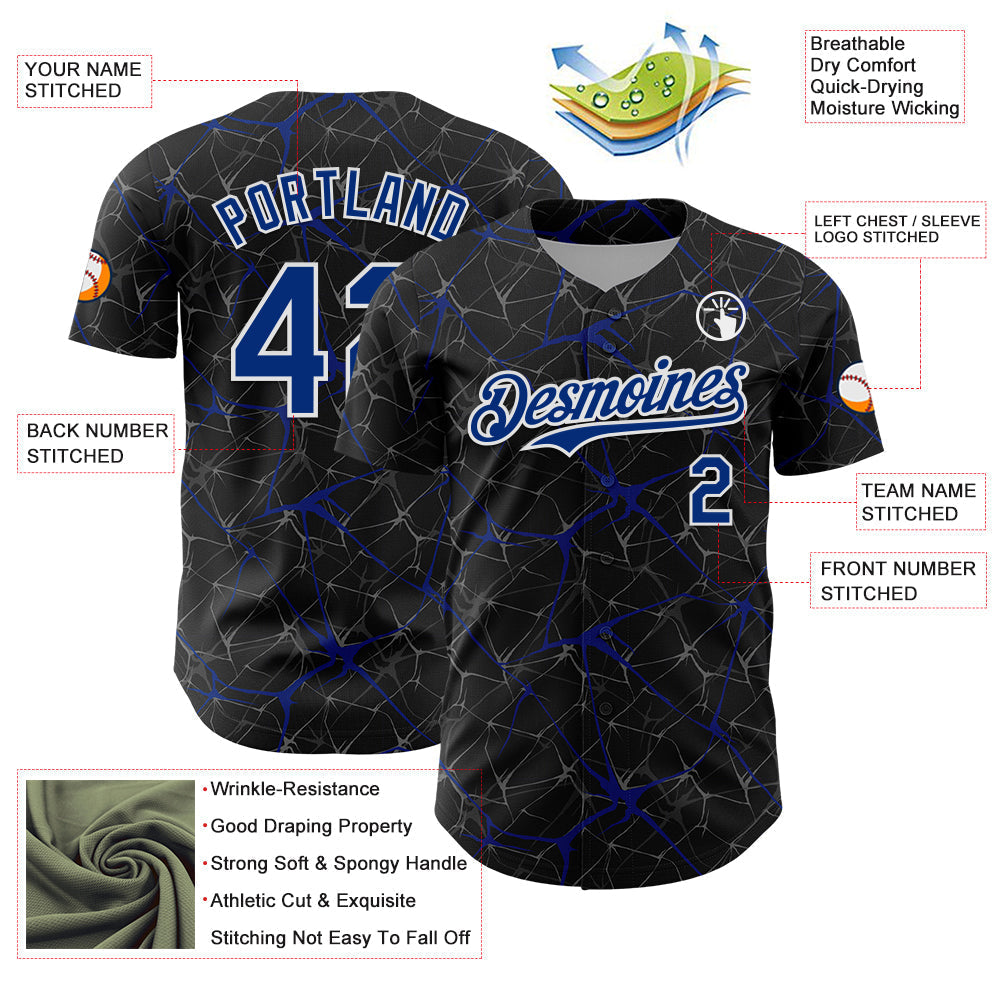 Custom Black Royal-White 3D Pattern Design Abstract Network Authentic Baseball Jersey baseball jersey product view 3