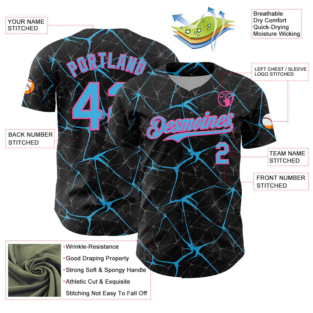 Custom Black Sky Blue-Pink 3D Pattern Design Abstract Network Authentic Baseball Jersey baseball jersey product view 3