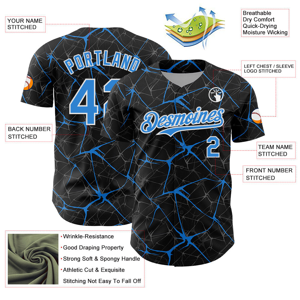 Custom Black Electric Blue-White 3D Pattern Design Abstract Network Authentic Baseball Jersey baseball jersey product view 3