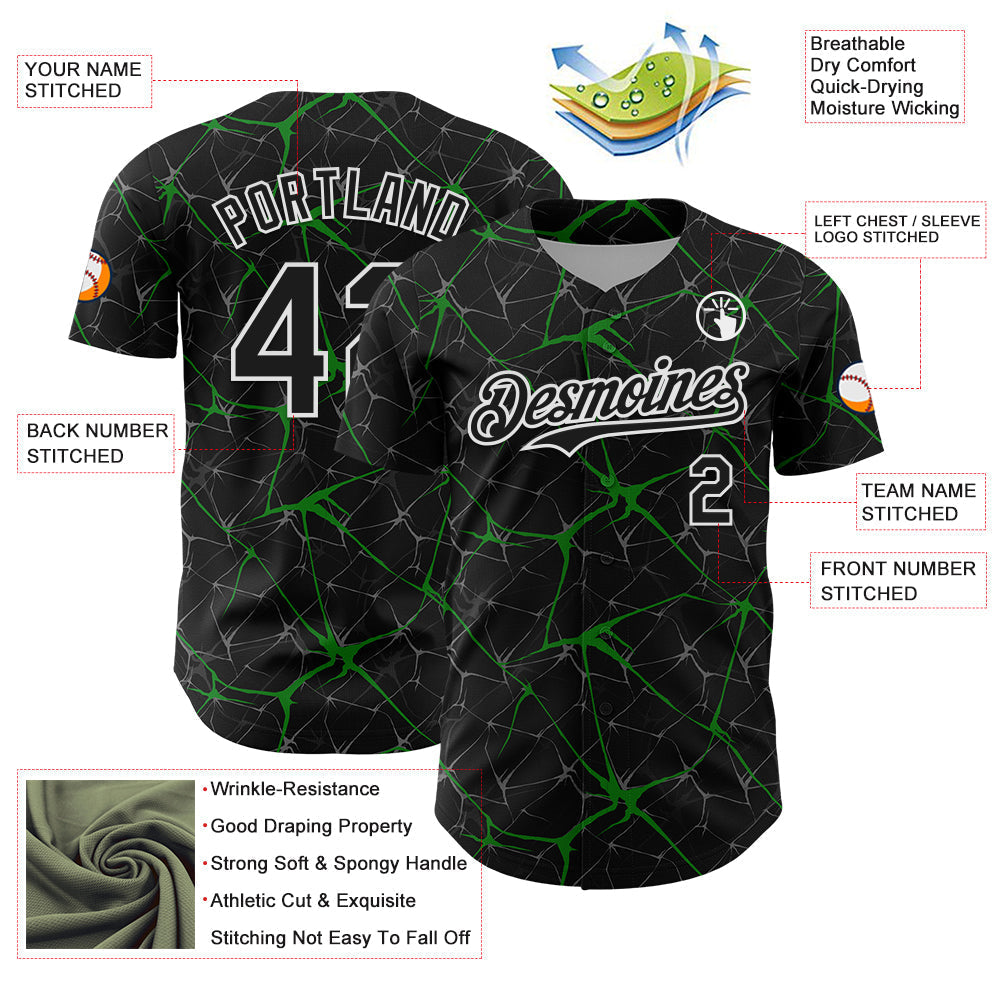 Custom Black Grass Green-White 3D Pattern Design Abstract Network Authentic Baseball Jersey baseball jersey product view 3