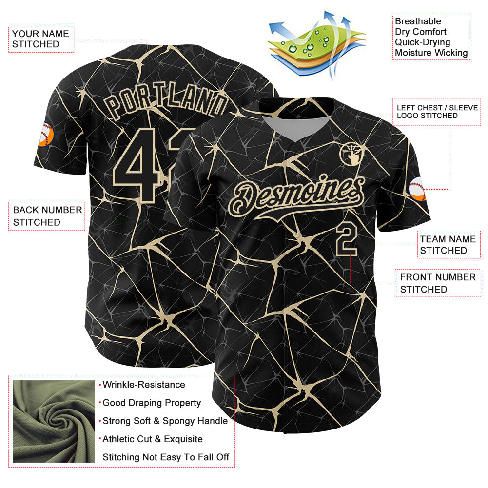 Custom Black Cream 3D Pattern Design Abstract Network Authentic Baseball Jersey baseball jersey product view 3