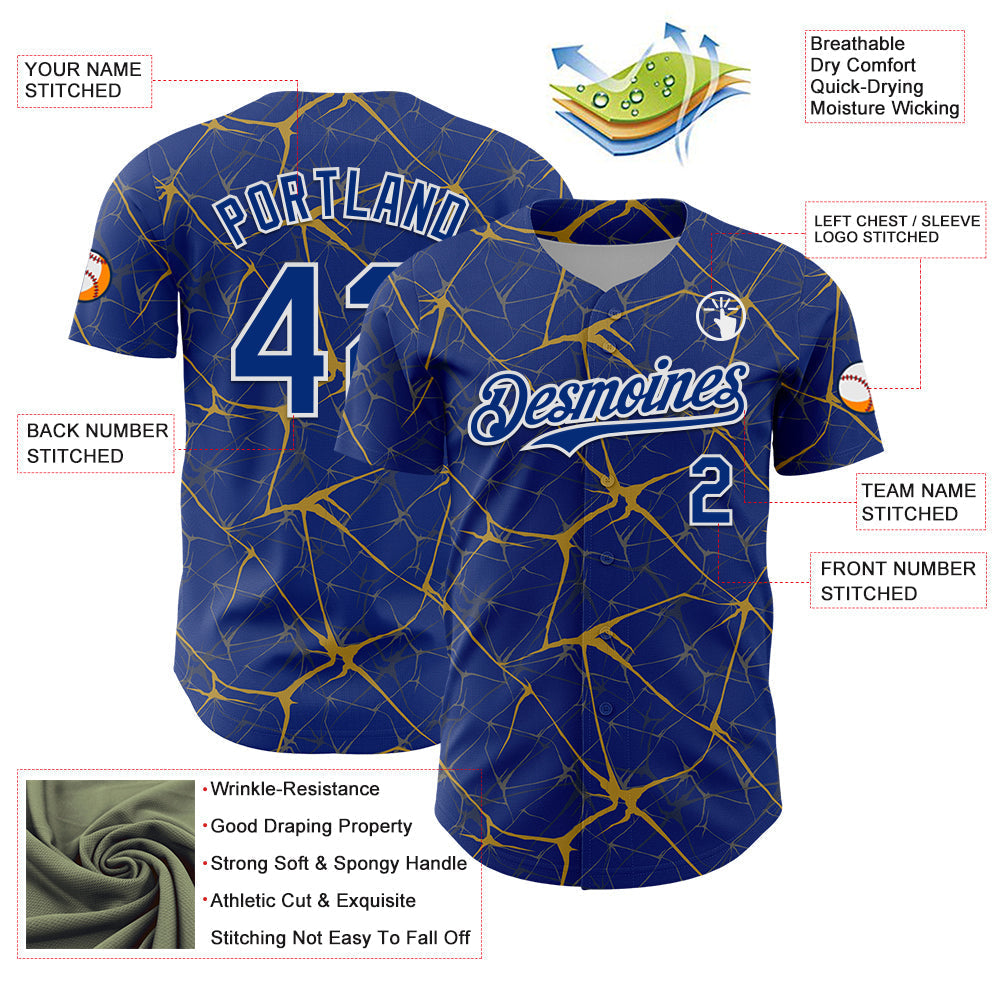 Custom Royal Old Gold-White 3D Pattern Design Abstract Network Authentic Baseball Jersey baseball jersey product view 3