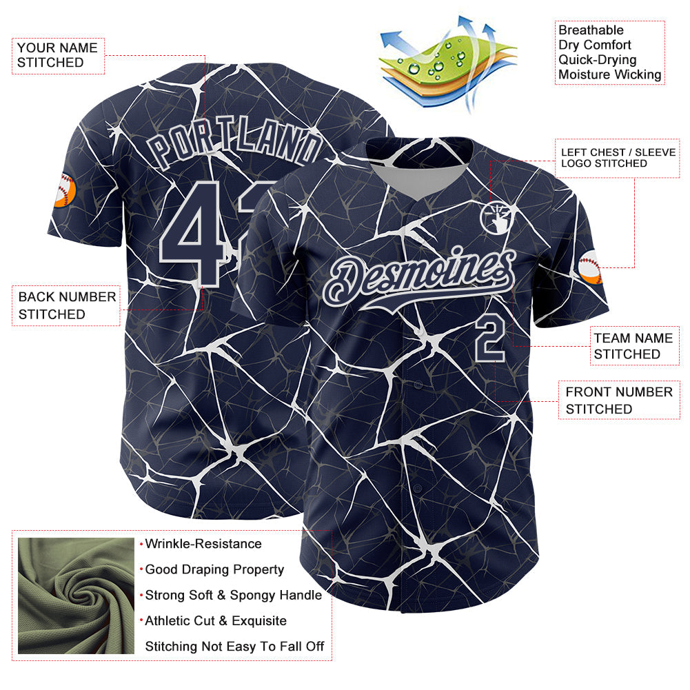 Custom Navy White 3D Pattern Design Abstract Network Authentic Baseball Jersey baseball jersey product view 3