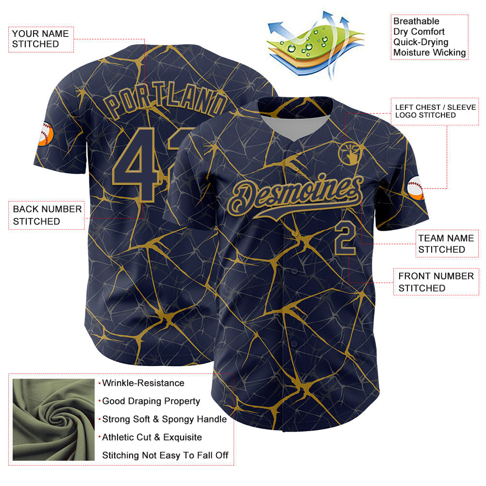 Custom Navy Old Gold 3D Pattern Design Abstract Network Authentic Baseball Jersey baseball jersey product view 3