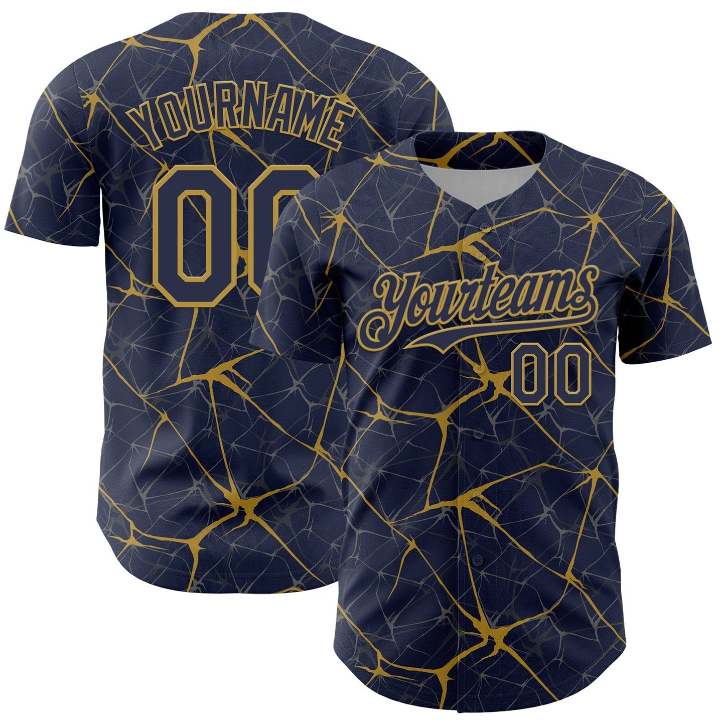 Custom Navy Old Gold 3D Pattern Design Abstract Network Authentic Baseball Jersey baseball jersey product view 1