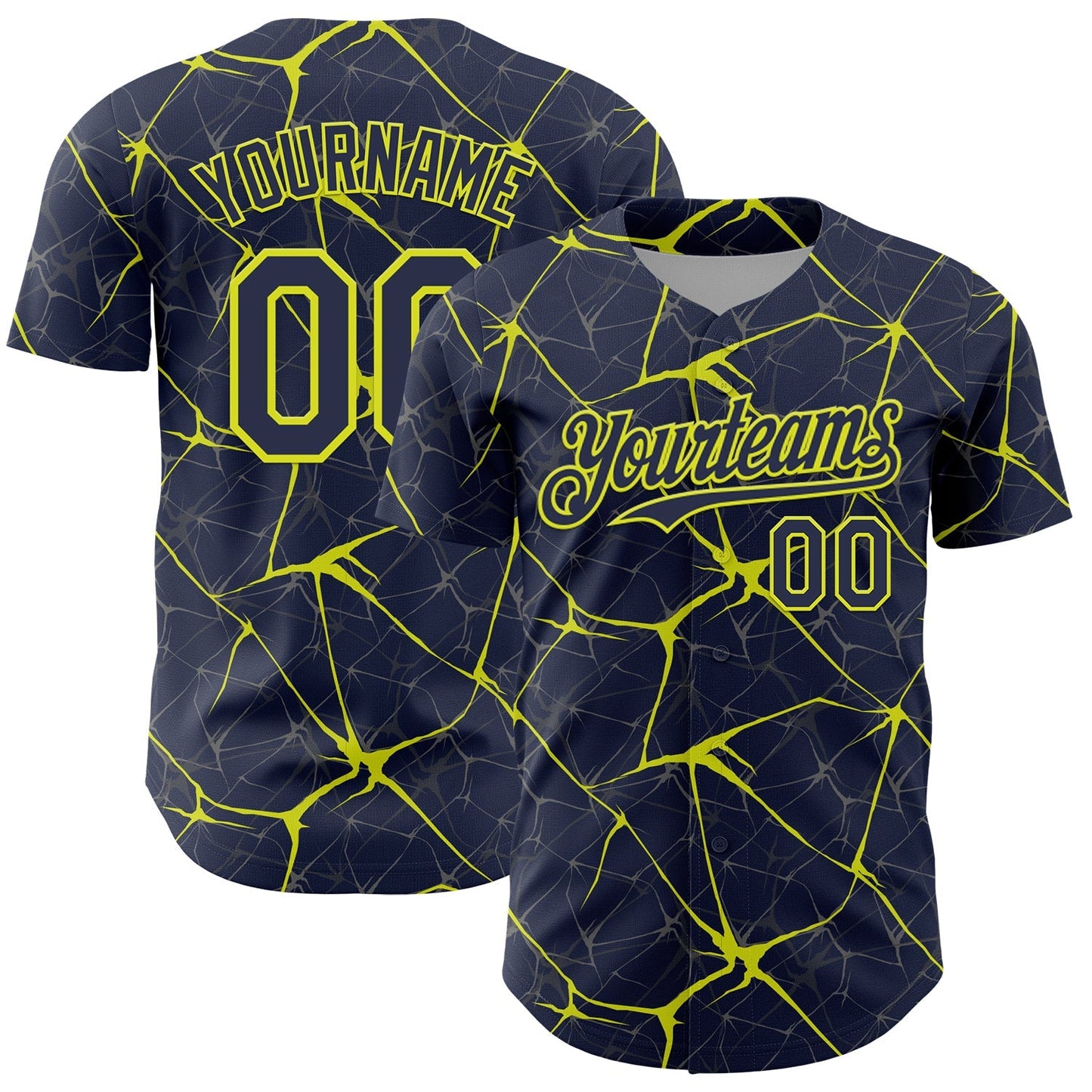 Custom Navy Neon Yellow 3D Pattern Design Abstract Network Authentic Baseball Jersey baseball jersey product view 1