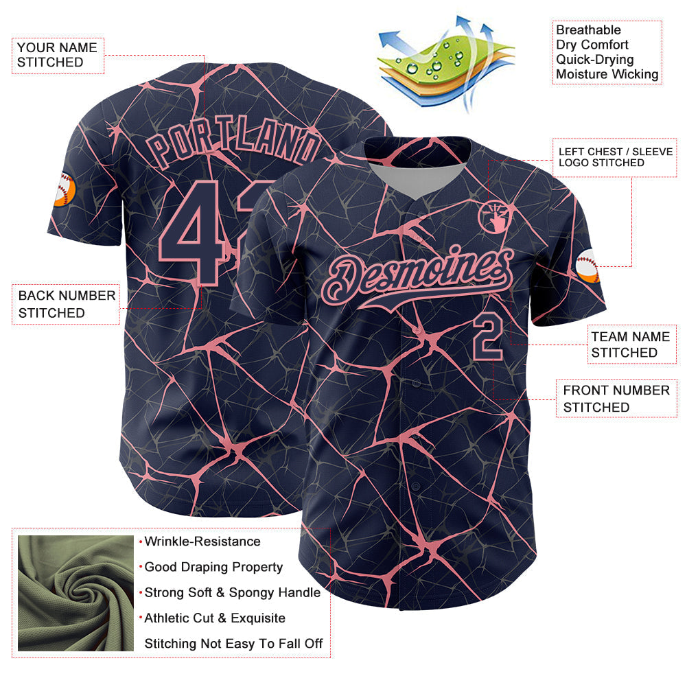 Custom Navy Medium Pink 3D Pattern Design Abstract Network Authentic Baseball Jersey baseball jersey product view 3
