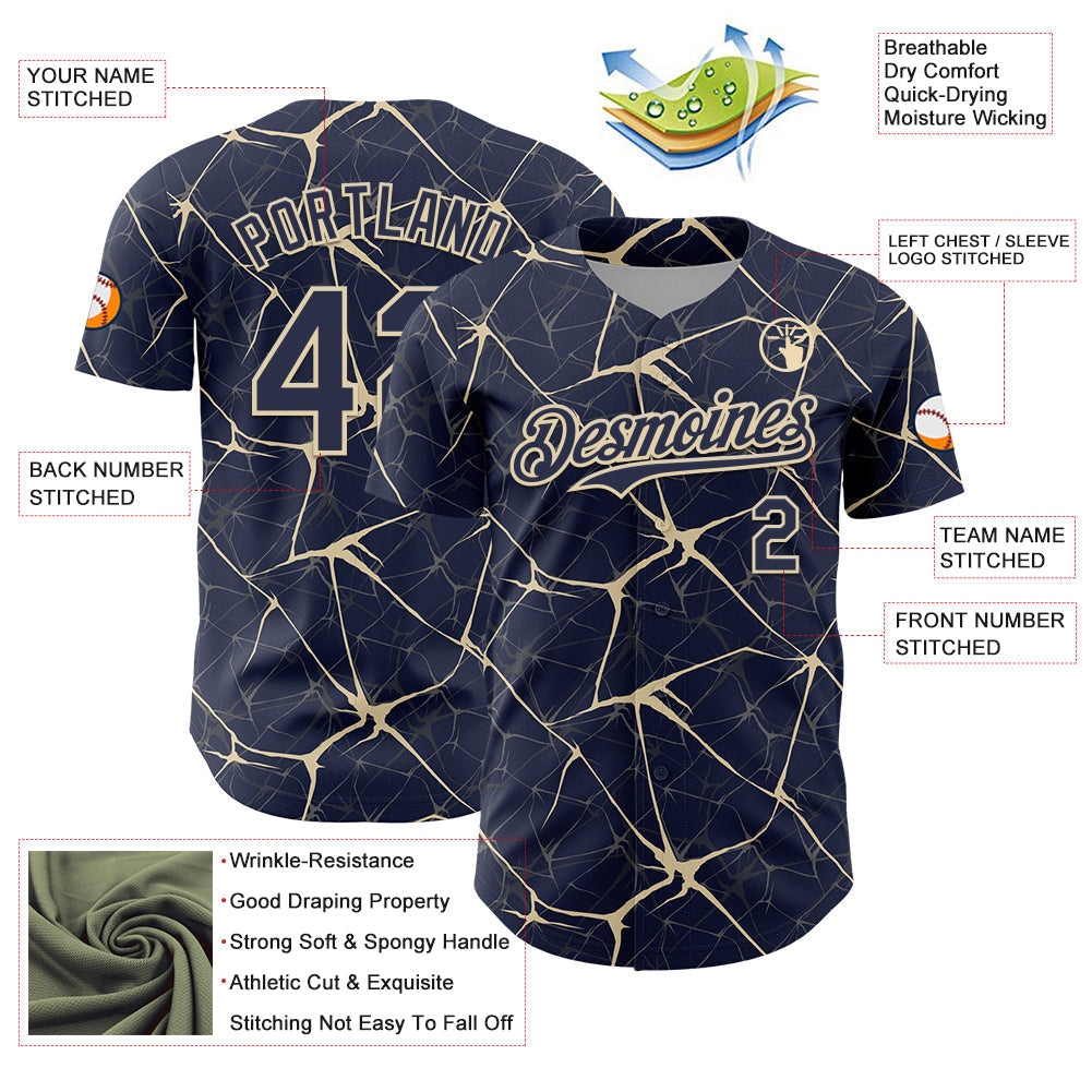 Custom Navy Cream 3D Pattern Design Abstract Network Authentic Baseball Jersey baseball jersey product view 3