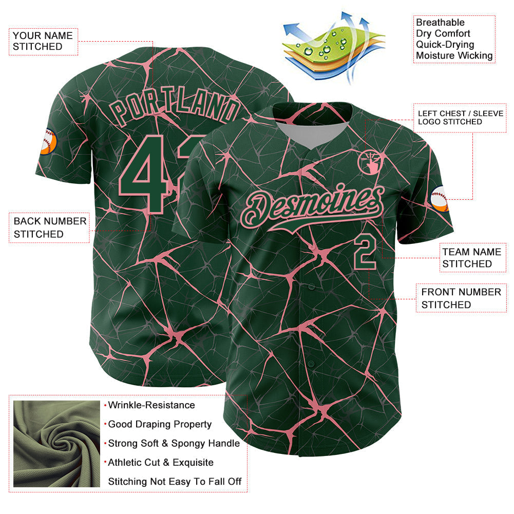 Custom Green Medium Pink 3D Pattern Design Abstract Network Authentic Baseball Jersey baseball jersey product view 3
