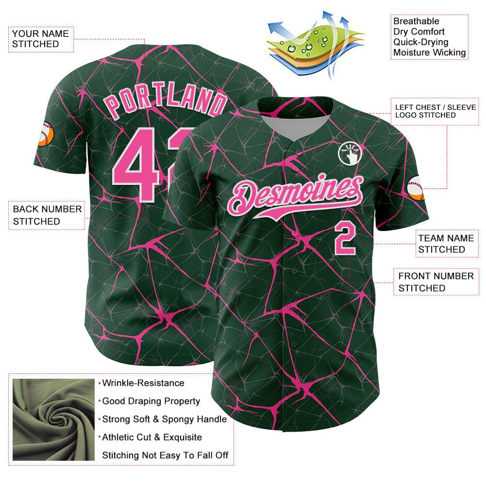 Custom Green Pink-White 3D Pattern Design Abstract Network Authentic Baseball Jersey baseball jersey product view 3