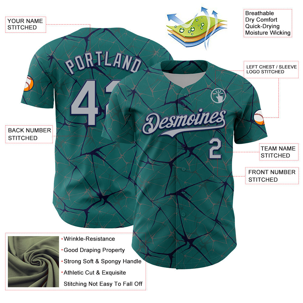 Custom Teal Gray-Navy 3D Pattern Design Abstract Network Authentic Baseball Jersey baseball jersey product view 3