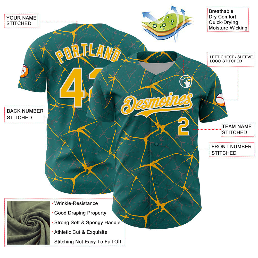 Custom Teal Gold-White 3D Pattern Design Abstract Network Authentic Baseball Jersey baseball jersey product view 3