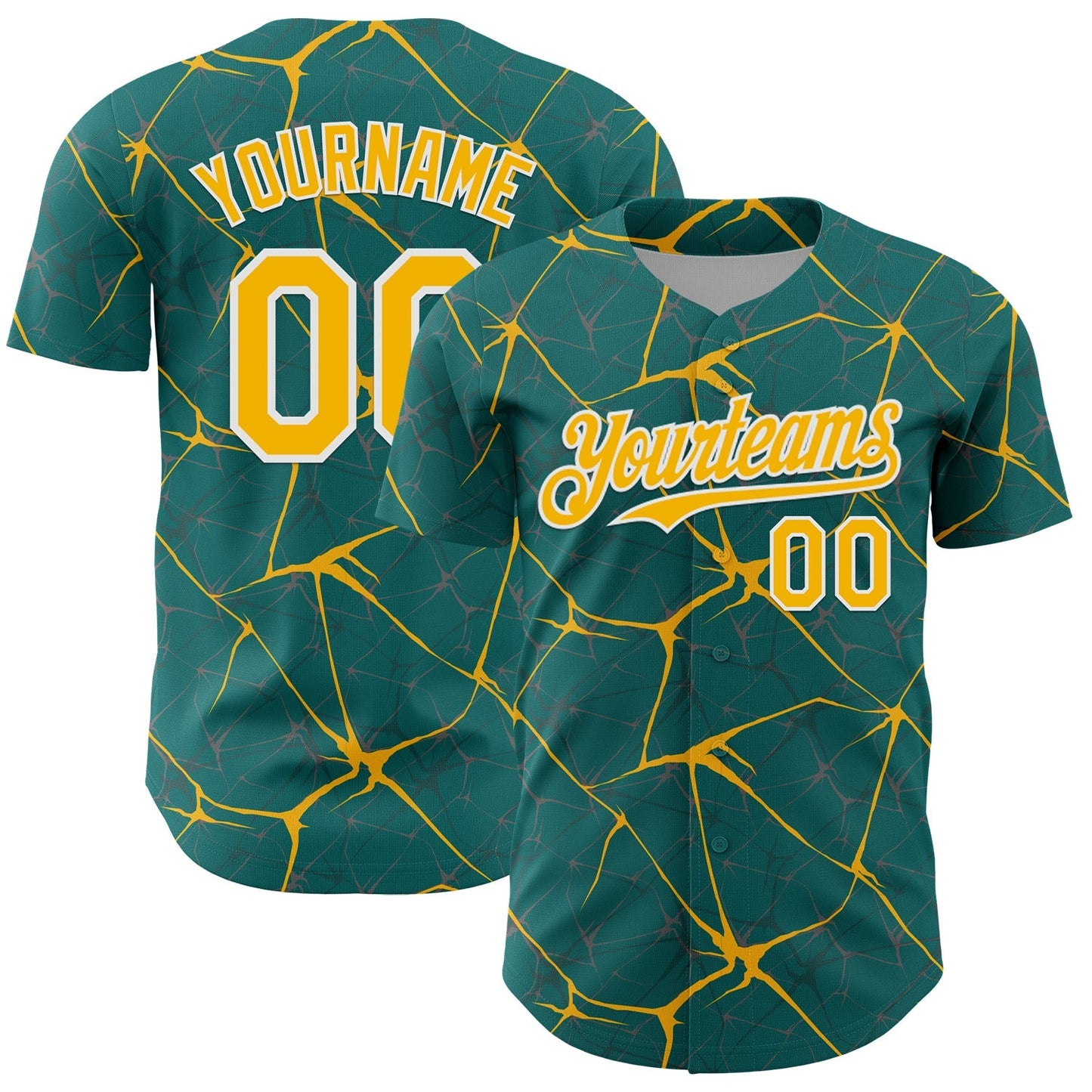 Custom Teal Gold-White 3D Pattern Design Abstract Network Authentic Baseball Jersey baseball jersey product view 1