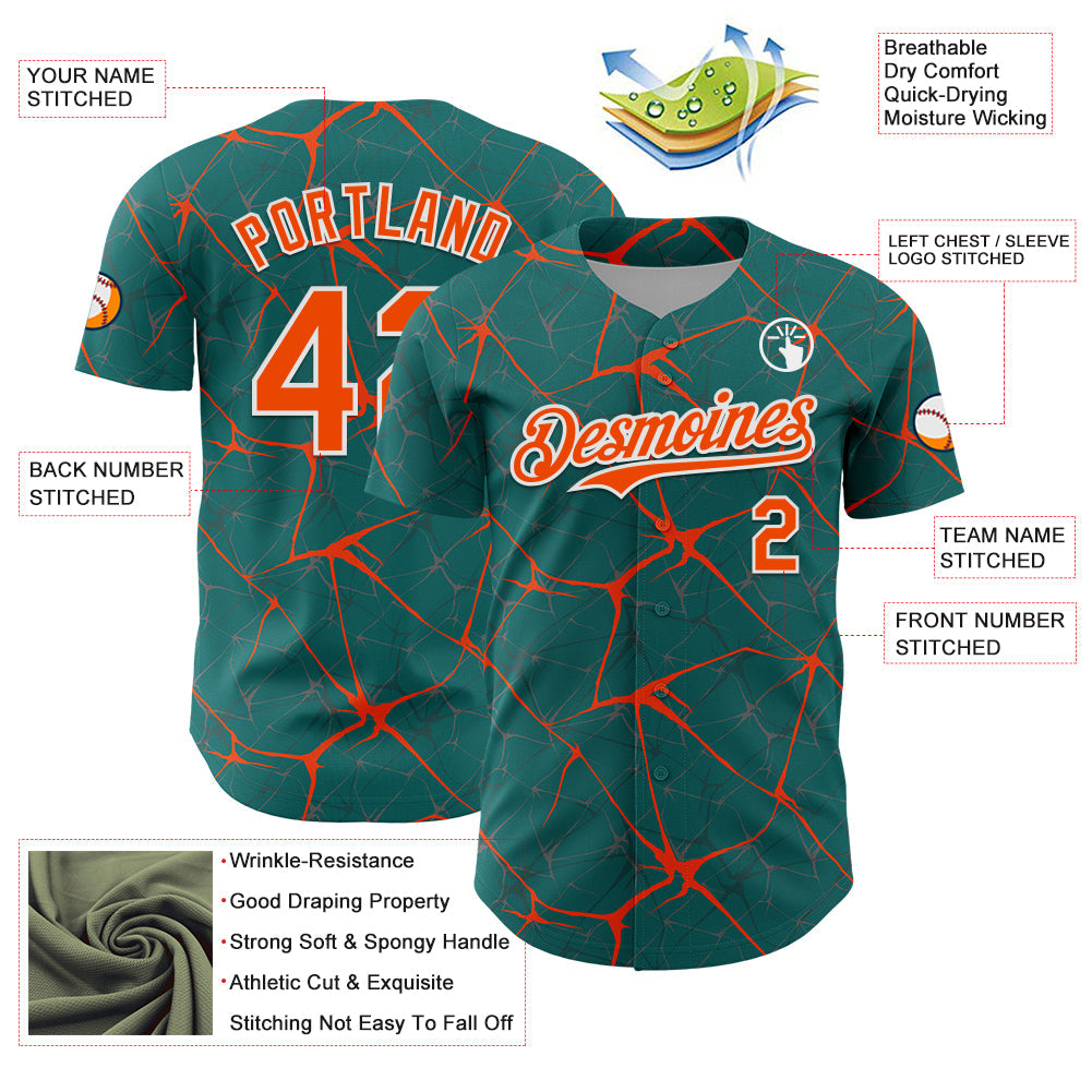 Custom Teal Orange-White 3D Pattern Design Abstract Network Authentic Baseball Jersey baseball jersey product view 3