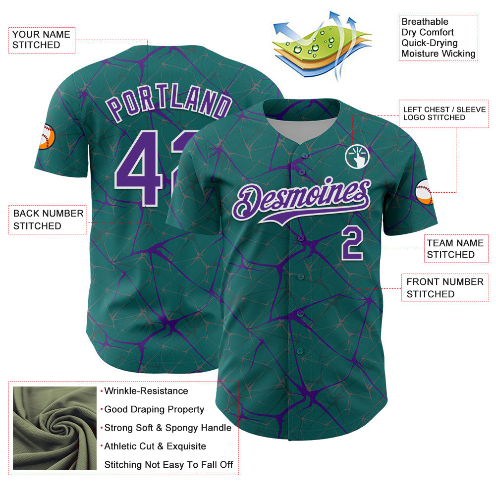 Custom Teal Purple-White 3D Pattern Design Abstract Network Authentic Baseball Jersey baseball jersey product view 3