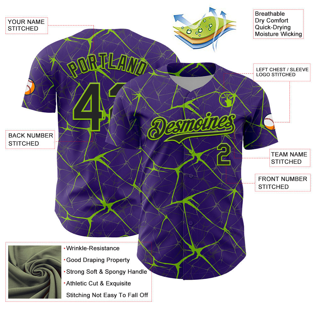 Custom Purple Black-Neon Green 3D Pattern Design Abstract Network Authentic Baseball Jersey baseball jersey product view 3