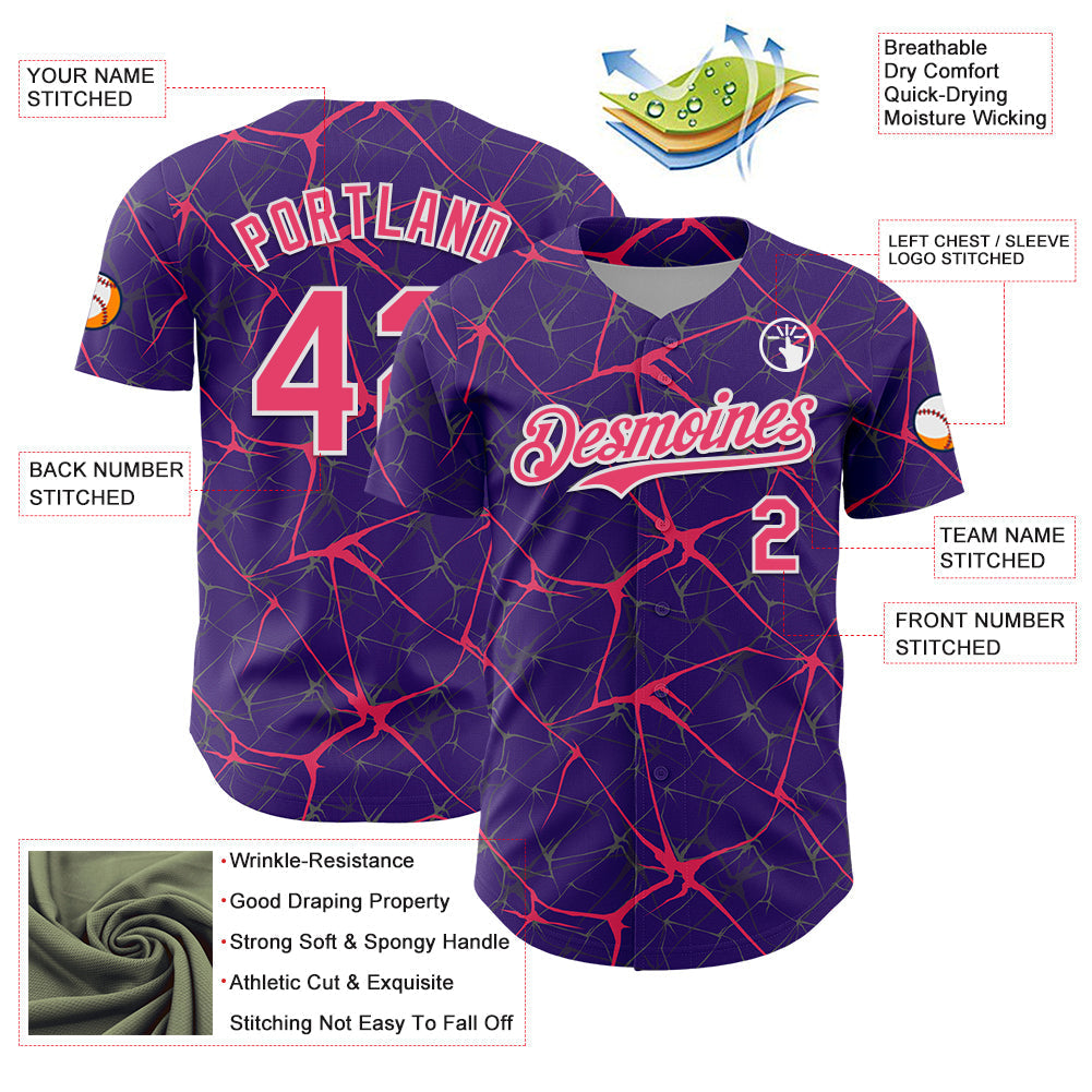 Custom Purple Neon Pink-White 3D Pattern Design Abstract Network Authentic Baseball Jersey baseball jersey product view 3