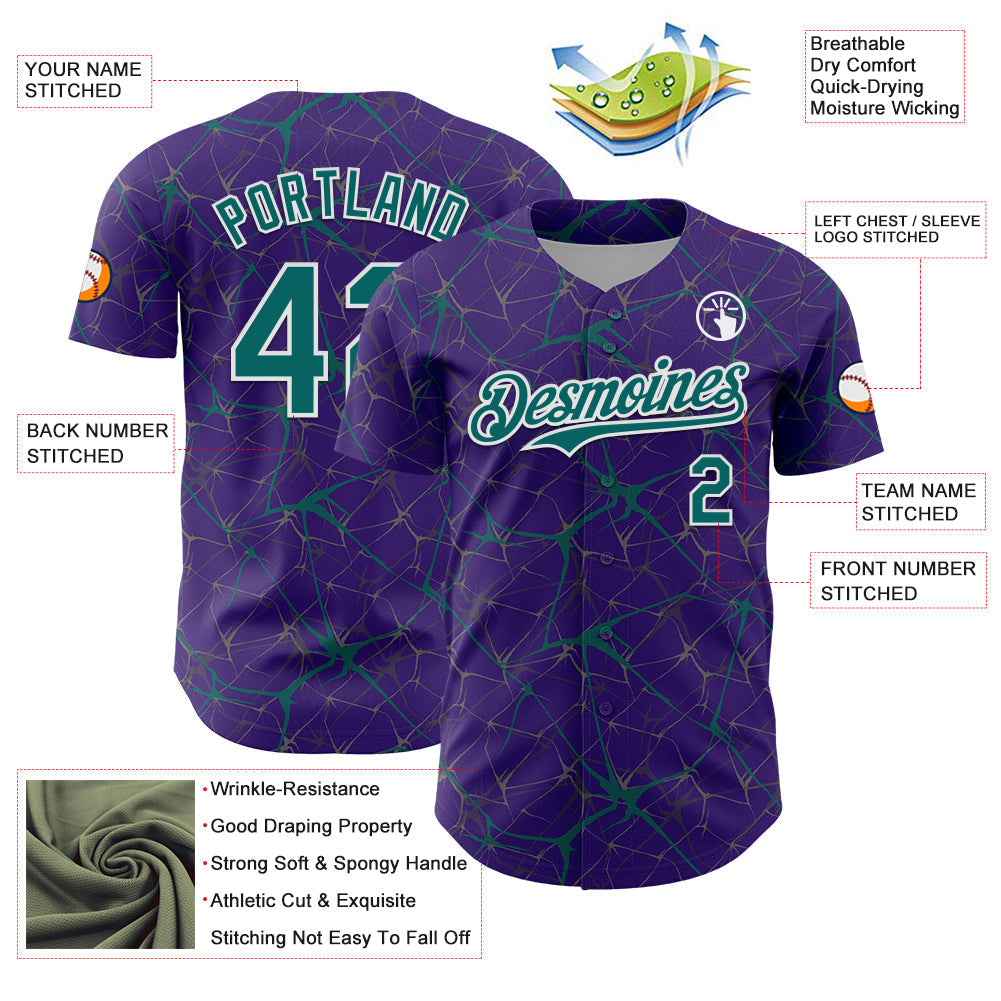 Custom Purple Teal-White 3D Pattern Design Abstract Network Authentic Baseball Jersey baseball jersey product view 3