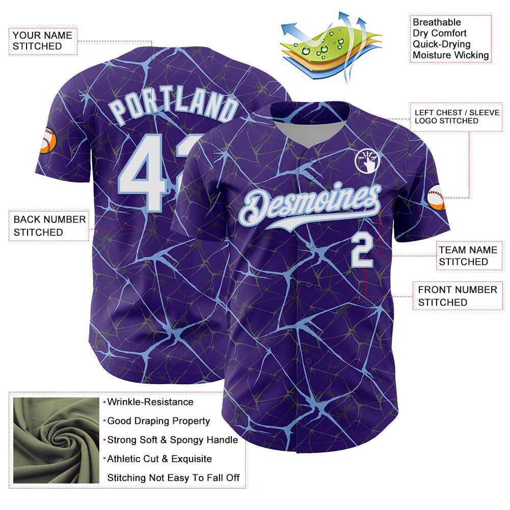 Custom Purple White-Light Blue 3D Pattern Design Abstract Network Authentic Baseball Jersey baseball jersey product view 3